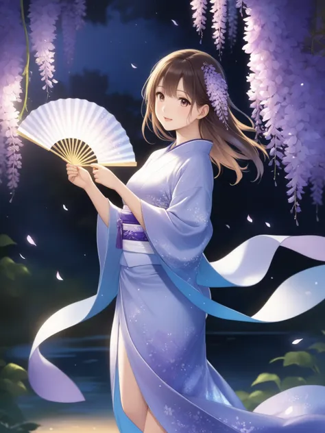 (Of classical dance「Fujimusume」A mature woman dancing 、 fall foliage shining in the moonlight 、 supple and curvy proportions、 holding a dance fan in her right hand 、Holding a silk dance fan in your right hand、 beautiful body without waste ),
( wisteria flo...