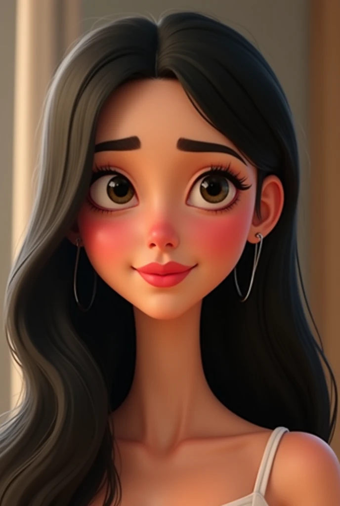  Create an animated Pixar-style image showing a young woman of 1.55 m.  She has a thin and attractive face ,  with long black eyelashes .  She is slim and has an impressive figure .  Her eyes are beautiful and black , with a thick and charming mouth .  her...