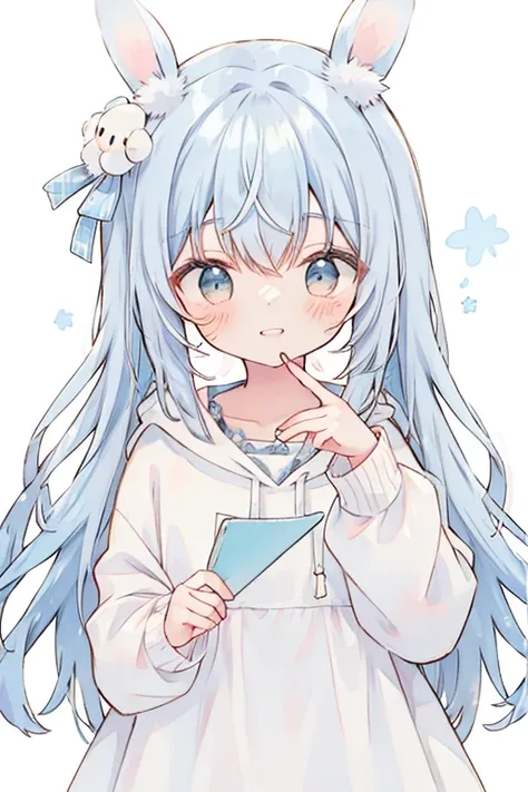  simple background, rabbit ear hoodie、 shy laugh、 White Dress、 blue hair、Holding a letter、 simple clothes 