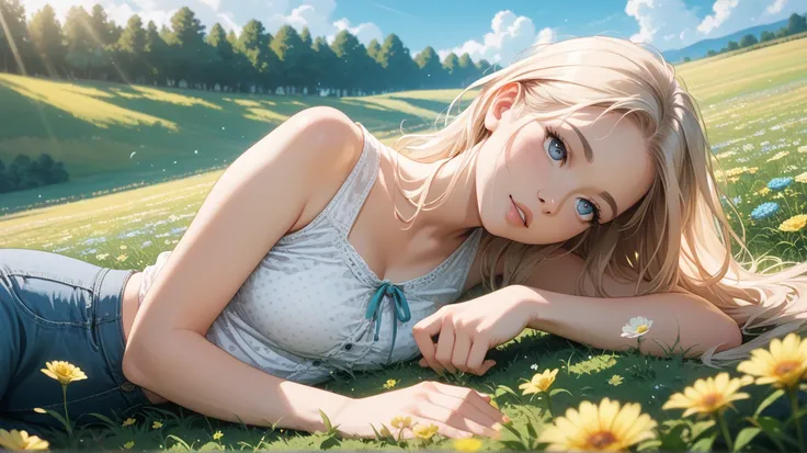 A young woman with long hair lying on a green meadow, looking up at the clear blue sky. She is wearing a white top and denim pants. Her right hand is gently reaching towards the sky, as sunlight casts a warm glow on her face. The grass is lush, dotted with...