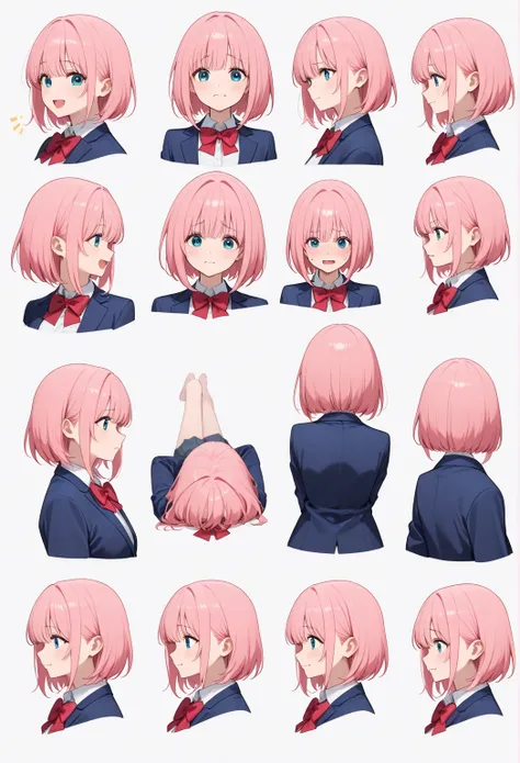 , side shot、 bob hair,   simple white background ,     pink hair ,  Navy blue jacket、  Full body shot

students、  high school uniform 、  front shot 、
Brighten Your Face,Nervous profile,Now that's a different expression.multi