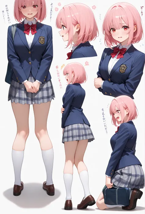 , side shot、 bob hair,   simple white background ,     pink hair ,  Navy blue jacket、  Full body shot

students、  high school uniform 、  front shot 、
Brighten Your Face,Nervous profile,Now that's a different expression.multi