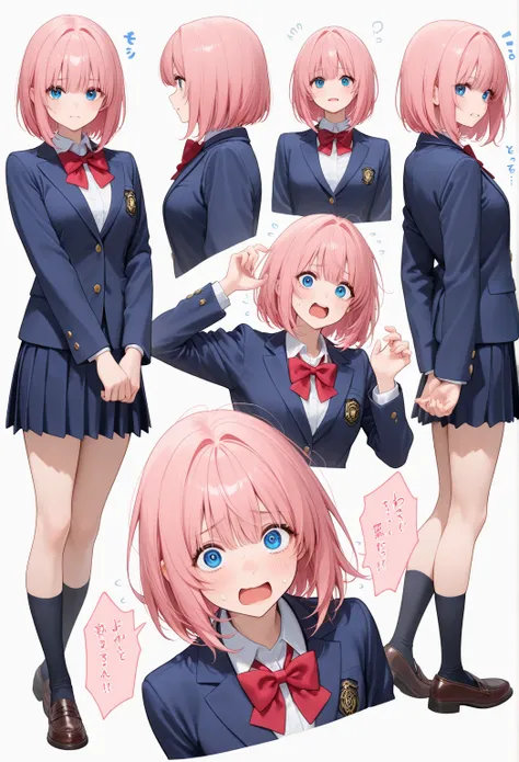 , side shot、 bob hair,   simple white background ,     pink hair ,  Navy blue jacket、  Full body shot

students、  high school uniform 、  front shot 、
Brighten Your Face,Nervous profile,Now that's a different expression.multi