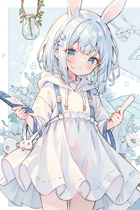  simple background, rabbit ear hoodie、 shy laugh、 White Dress、 blue hair、Hair length bob、Holding a letter、 simple clothes 