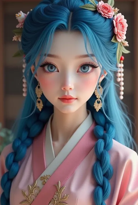 a pretty male human, long and braids blue hair. bright honey  eyes and round almond shape eyes, seems royal, wearing long traditional cloths looks like Chinese drees , full and large plump lips pink chicks   pearls ,  blue eyelashes and blue eyebrow , shin...