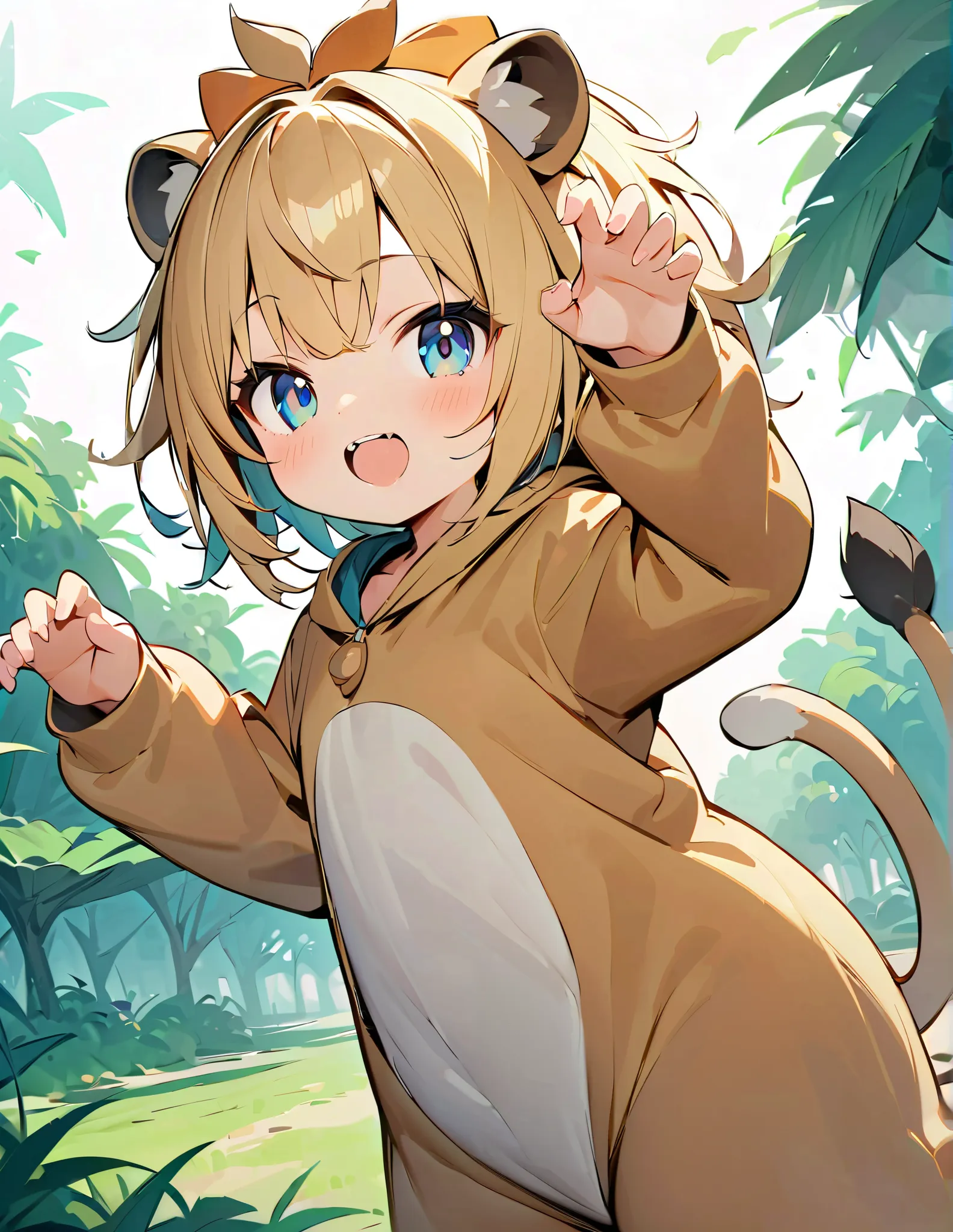 ((Amazingly absurd)),超High resolution, Attention to detail, high quality, High resolution, 最high quality, 4K, 8k, Lion Girl、cute、Beast Pose、tooth、Savannah background、((Lion costume))、cute、ライオンのぬいぐるみを抱っこする