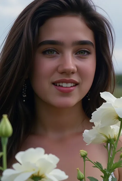   Masterpiece,      Top Quality,   Jennifer Connelly as a young woman ,   Her body is reflected in the movie-like lighting  , 8k,       Wide-angle photography      ,     shiny long black hair  ,  Light-colored eyes ,
She might be naked  , She's peeking fro...