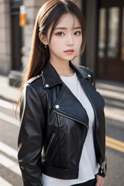 One Girl , Alone, face, portrait , long hair, ponytail, blondes, green eyes, big breasted , ( black leather jacket :1.2) , clevis on a stone, School, Empty , Stares at Viewers ,