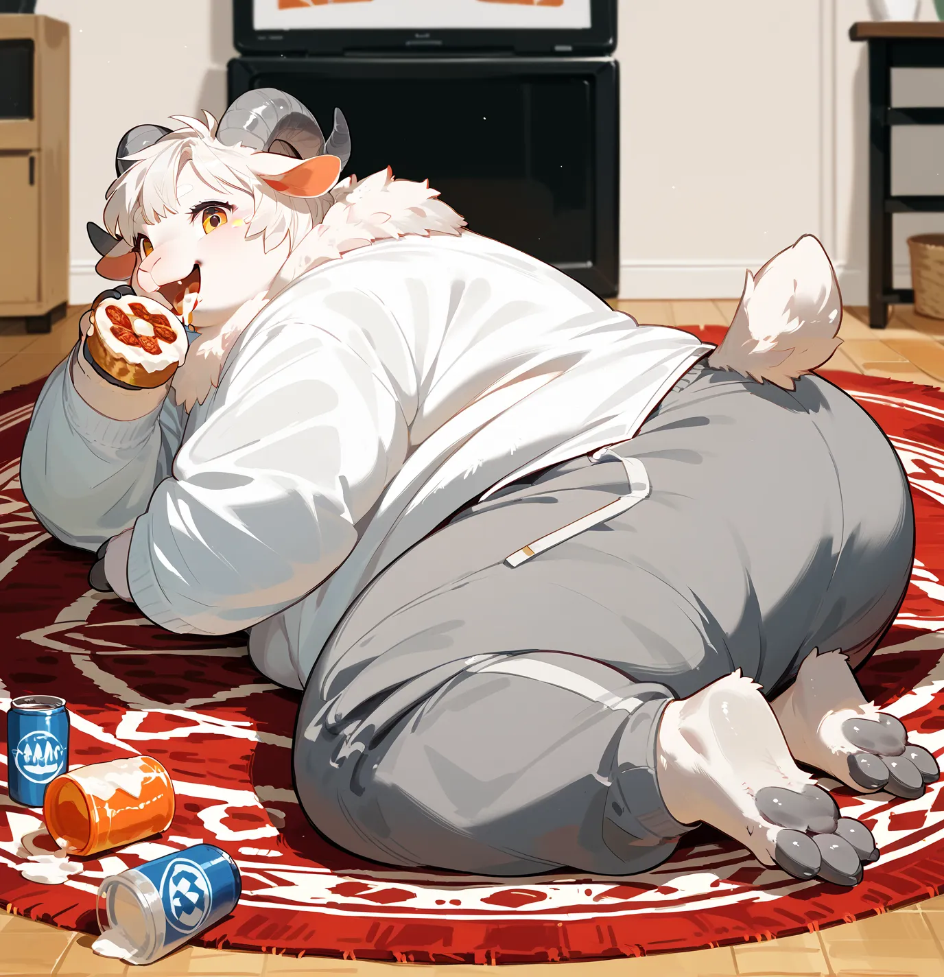 An Obese fat furry anthro white sheep, laying in the carpet and eating snacks, fat cheeks, big body, fluff body, fur body, side view, fullbody, fat, adult, female, wearing gray pants, wearing large size white plain shirt, room background, white bright fur,...