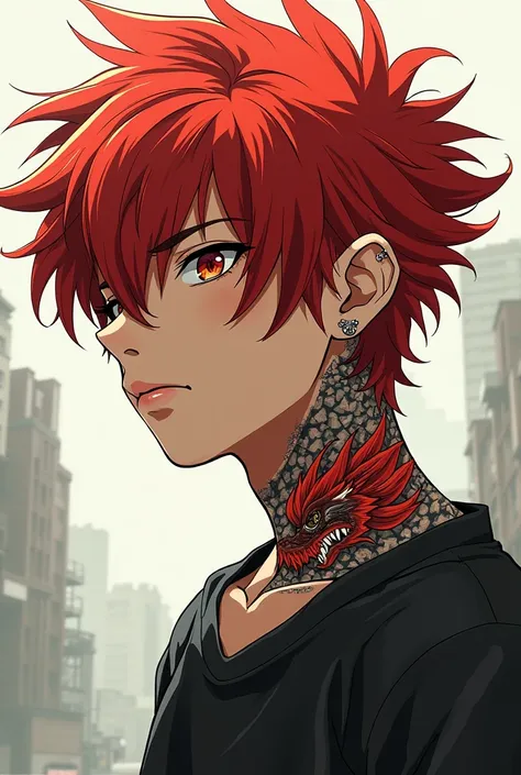  A red-haired boy , And a dragon tattoo on the neck,  with piercings and in the style of the anime of "Tokyo revengers"