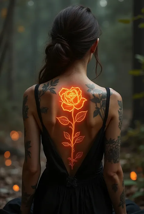 fotografou, Dark arte fantástica, arte fantástica, , a picture of a tattoo on o back of a female elf, uma tatuagem brilhante de um ((rosa branca: 1.3)) on o elf's back, o ((tatuagem de rosa)) is vivid, intricate detailed coming to life from o ink to real l...