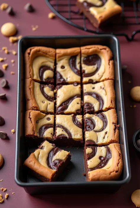 A tray of freshly baked brookies, a delicious fusion of chocolate brownie and buttery cookie dough, swirled together in an organic, irregular pattern. The golden cookie dough blends naturally with the deep, fudgy brownie, creating a marbled effect with cri...