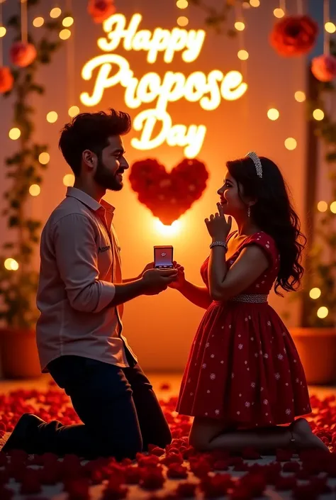 A romantic Propose Day scene in a dreamy outdoor setting during sunset. A young man, Jasim, with a slight beard, is kneeling on one knee, holding a beautiful ring box and proposing to his girlfriend, Nowrin. Jasim is wearing a stylish shirt with 'Nowrin' w...