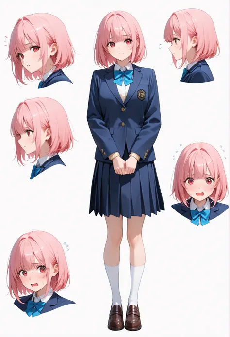 , side shot、 bob hair,   simple white background ,     pink hair ,  Navy blue jacket、  Full body shot

students、  high school uniform 、  front shot 、
Brighten Your Face,Nervous profile,Now that's a different expression.