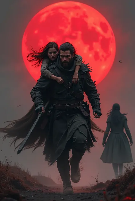 I want you to do a demon hunter running away with a white-skinned and brown-haired princess on her shoulders with her  snorting next to a black woman and a red moon behind them without a horse