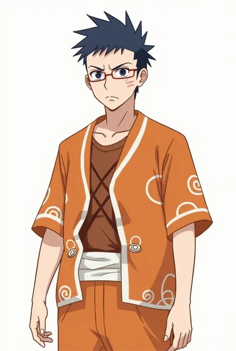 Male . Short, dark blue hair styled in a mohawk. Dark Blue eyes.  He wears a short-sleeved, orange haori with white trim and circular white accents on the chest, over a darker orange, crisscrossing inner garment. Loose, knee-length orange pants with white ...