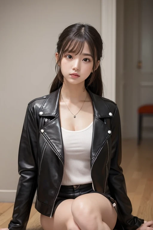 One Girl , Alone, face, portrait , long hair, ponytail, blondes, green eyes, big breasted , ( black leather jacket :1.2) , clevis on a stone, School, Empty , Stares at Viewers ,