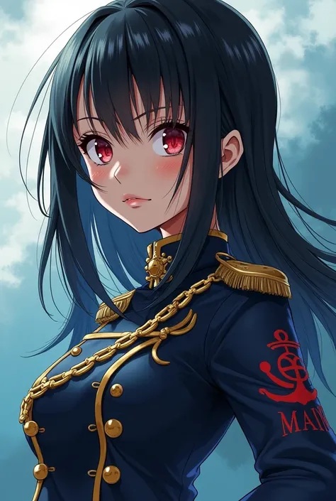 
. A character from One Piece ...A girl with black hair has a shoulder...And her eyes are red .. She wears an Admiral jacket and pants with the word Marine in heavenly blue and wears a military jacket with sharp features and a demon
