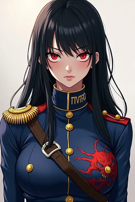 
. A character from One Piece ...A girl with black hair has a shoulder...And her eyes are red .. She wears an Admiral jacket and pants with the word Marine in heavenly blue and wears a military jacket with sharp features and a demon
