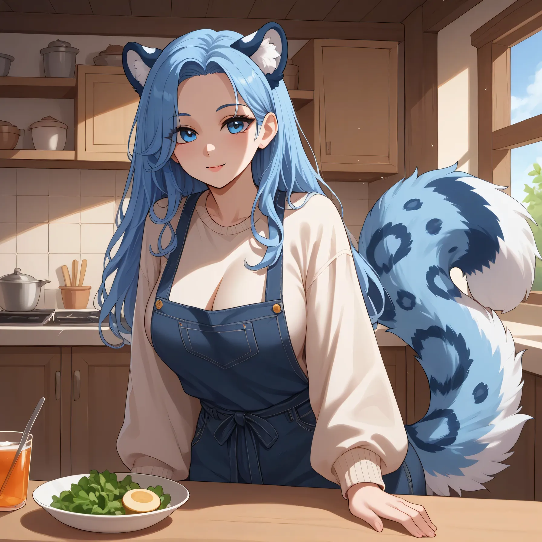 (Masterpiece) (High Detail) (High Res) A short curvy slim Humanoid Snow Leopard Female with pale skin and bright blue eyes and long navy blue hair and fluffy navy blue snow leopard ears and a big fluffy navy blue snow leopard tail and average breasts. She ...