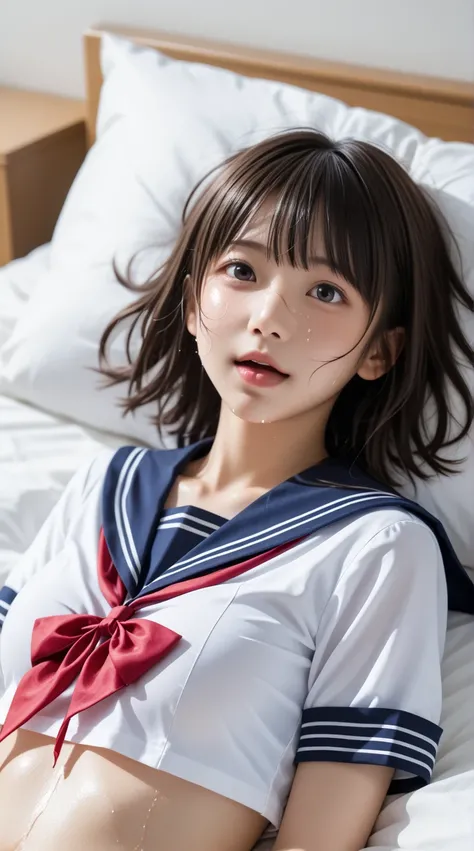 ((((Wet Japanese sailor girl middle school student lying in bed、 smiles and stares at viewers、 round face、濡れた sailor collar 、 Pleasant face))))、((( open your mouth、 ejaculate in mouth)))、 close-up face、 side view 、 sailor collar 、sailor red ribbon、Cat ears...