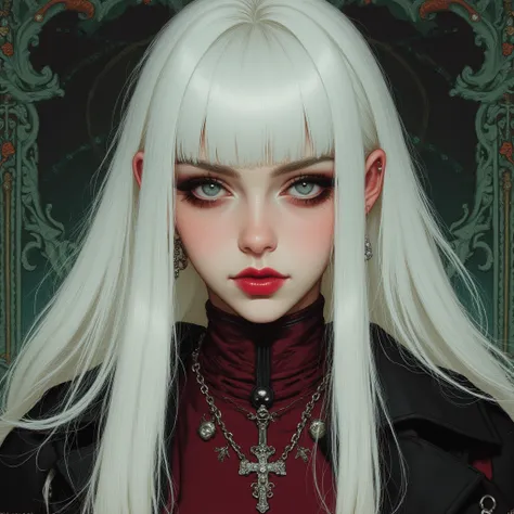 1girl, Solo, Long Hair, white hair, very straight hair, fluffy bangs, cherry lipgloss, teal colored eyes, 'ghostly beautiful', chiseled face, red eyeshadow in the corners of her eyes, black eyeliner, brooding serious/angry face expression. Pale skin, dark ...