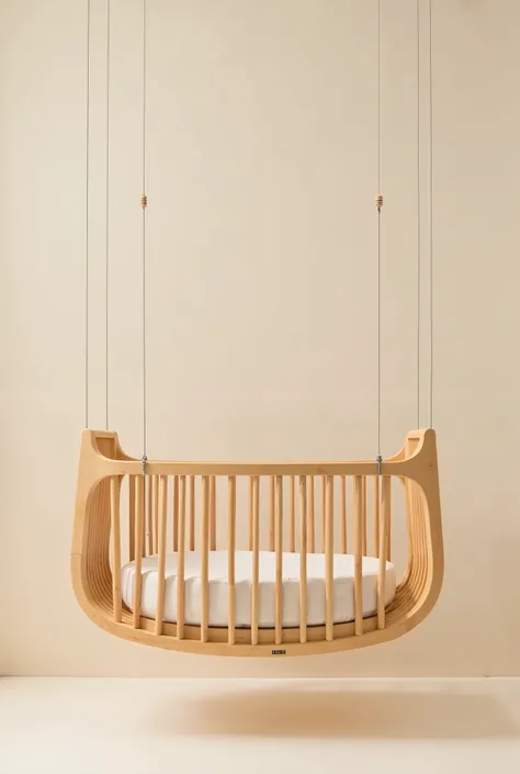 Create a wooden crib ,  that is hanging so that it has a slight sway.  With soft and delicate lines .  That is ideal for a room . 