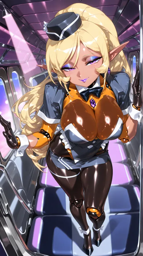 (incredible high resolution, masterpiece, highest quality, highly detailed, CG, official art, high quality anime drawing), mature seductive female android, (cabin attendant outfit with striking metallic surface texture that reflects light vividly, bow tie,...