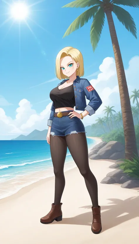  Masterpiece, top quality, Android 18,
18ill,  1 GIRL, Alone,   medium hair , Blonde Hair,  jewelry,  earrings,   big breasts, Chest, belt, denim jacket,  denim skirt,   Brown Footwear,   black shirt ,   beach, day, blue sky,   light smile,  striped sleeve...