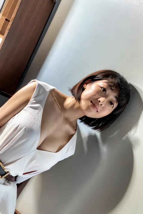 ( angle from directly below:1.5)、35-year-old Japanese woman with beautiful breasts and short black hair、whole body、 high image quality、 white shirt 