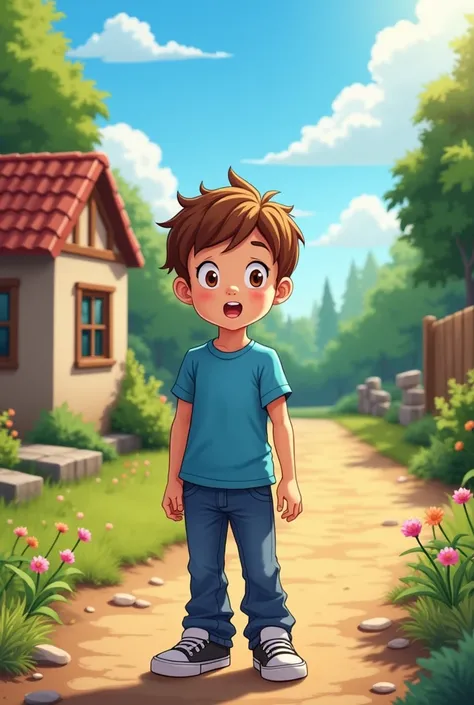 a young boy around 7-, with brown hair and wide, curious eyes.
	•	He wears a blue t-shirt, jeans, and sneakers.
	•	He stands in front of his small house, which has a garden with trees and colorful flowers.
	•	The sun is shining, and the sky is bright blue ...