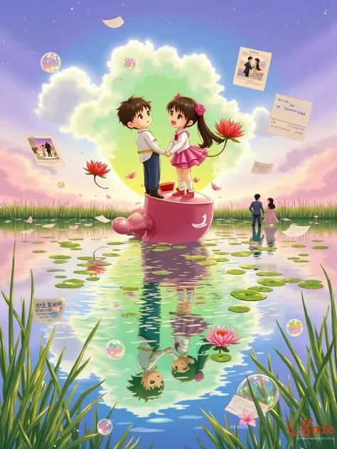 Ghibli watercolor Monet's Water Lilies light effects, mint-green to mist-pink gradient. Chibi couple rides Howl's Castle aircraft over mirrored lake, girl's skirt blooms Monet lilies, boy's pocket watch refracts Ghibli character silhouettes. Water reflecti...