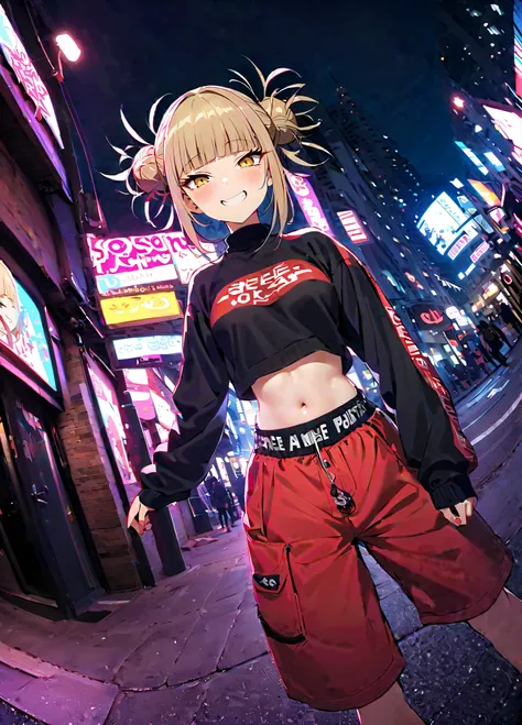 1girl, toga himiko, smug grin, streetwear, midriff, looking at viewer, perspective, fisheye, dutch angle, low angle, cowboy shot, outdoors, street, sidewalk, city, neon lights, embedding:IllusP0s, photo background,