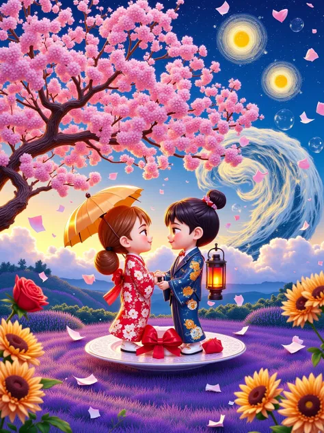 Hiroshige ukiyo-e lines and Van Gogh's Starry Night brushstrokes, indigo & chrome yellow. Chibi couple in kimono and suit under twisted sakura tree, girl's umbrella becomes nebula swirl, boy's lantern illuminates sunflower petals. Broken mirrors reflect Ho...