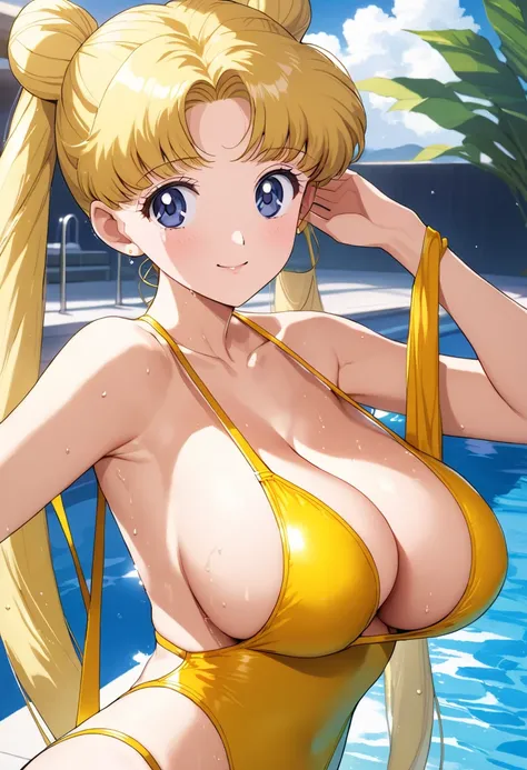  Masterpiece,  top quality,  Hi-Res,16k, Official Art,super   Details skin,  Details, animated picture, (Usagi Tsukino),1990s \( style\),(gold sling shot swimsuit:1.4)、( E cup beautiful breasts)、( medium boobs, cleavage,sideboob, UNDERBOB :1.4), ( tall :1....