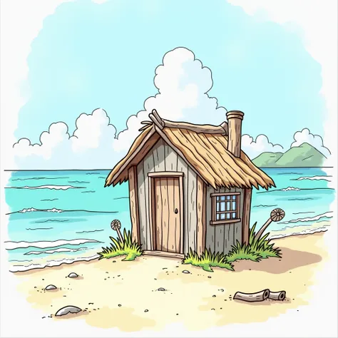 A hut standing on the beach、 illustrations、 coloring pages、 high quality
