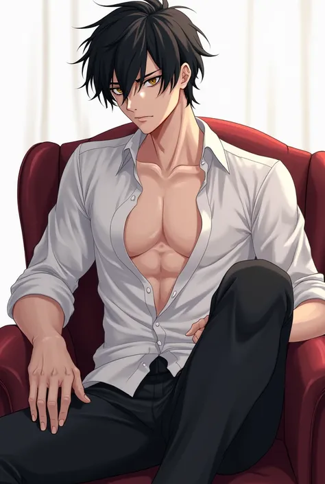 An alpha black haired milk skin male, chiselled body, hot body, wearing slightly unbuttoned white shirt and black pants, sensually posing while sitting on a chair, masculine and charismatic, anime art, no background 