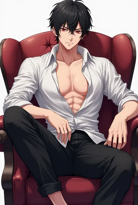 An alpha black haired milk skin male, chiselled body, hot body, wearing slightly unbuttoned white shirt and black pants, sensually posing while sitting on a chair, masculine and charismatic, anime art, no background 