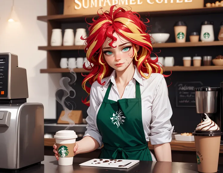 Sunset shimmer, as a barista, standing behind a counter in a coffee shop, messy hair, dour expression, exhausted, writing a name on a coffee cup, dark, bleak, messy white shirt with the top button undone, wearing an apron that has stains on it, smudge on h...