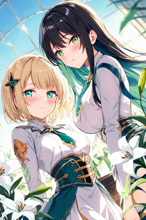  2 girls fighting back、Deep Kiss、 long hair、chest、 blush、 green eyes、Aqua Eyes、 dutch angle、 blond hair、 green eyes、 black hair、Big Breasts、 small tits、Short Hair、lily