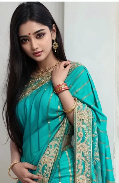 a woman in a sari posing for a picture, indian goddess, traditional beauty, indian, beautiful goddess, ornate cosplay, indian style, indian super model, beautiful maiden, gorgeous woman, south east asian with long, provocative indian, gorgeous beautiful wo...