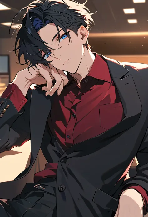 Male + black hair + blue eyes + black blazer (unbuttoned) + red dress shirt + black dress pants + solo + office background