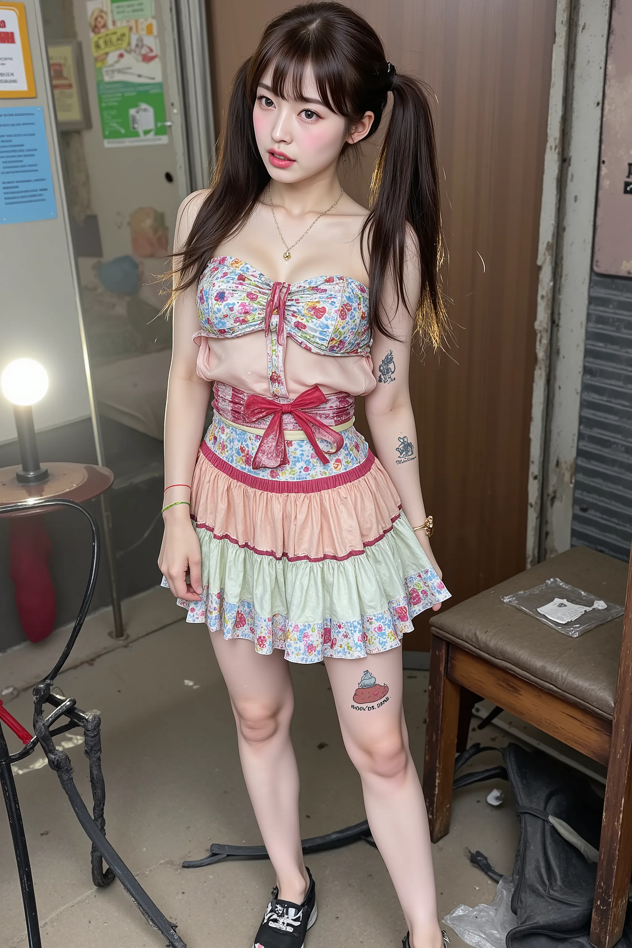 NSFW, urine,
Realistic, 

full body,
Looking at the camera and looking a little surprised,

Young Korean girl,  
she is after sex,
She is Arin, the youngest member of the idol group "OH MY GIRL",
bangs, twintails,
She is in her early s,
She has very white ...