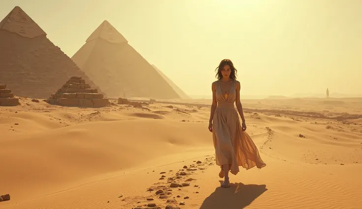  realistic, Sad walking through the desert pyramid giza alone with her shadow cast on the ground