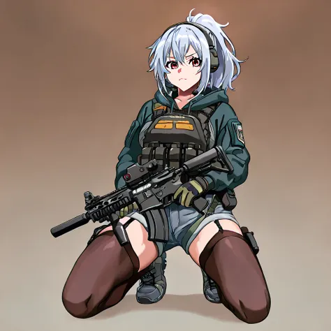 A tactical anime-style adult female soldier wearing tactical gear with a fleshy, glamorous figure。Silver hair is tied in a ponytail with a short navy band、 has red eyes 。Has an impatient expression。 equip it with black tactical armor over a gray hooded jac...