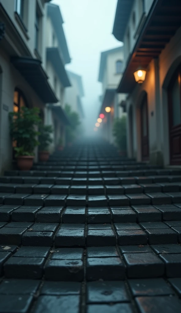 Paving stairs on the blurred street. 