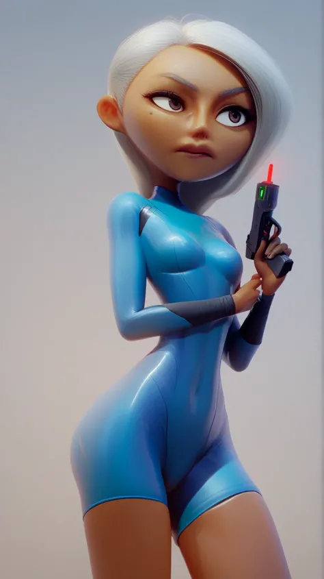 Tanned Woman with silver hair. She is wearing a skin-tight blue wetsuit. She is equipped with a laser pistol