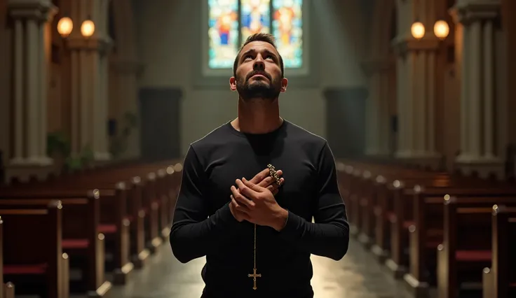 Pose: The man stands in the middle of the church, gripping a rosary with both hands near his chest. His eyes are slightly open, gazing upward as if seeking divine answers.
Attire: A dark, fitted long-sleeved shirt, emphasizing a solemn yet respectful look....