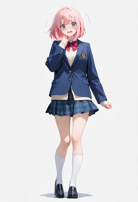 , side shot、 bob hair,   simple white background ,     pink hair ,  Navy blue jacket、  Full body shot

students、  high school uniform 、  front shot 、
Brighten Your Face,Nervous profile,Now that's a different expression.