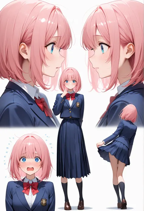 , side shot、 bob hair,   simple white background ,     pink hair ,  Navy blue jacket、  Full body shot

students、  high school uniform 、  front shot 、
Brighten Your Face,Nervous profile,Now that's a different expression.